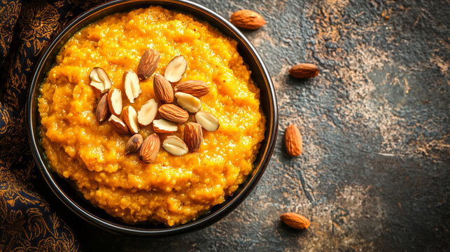 Rich, golden Moong Dal Ka Halwa garnished with almonds and cardamom, served in a traditional bowl