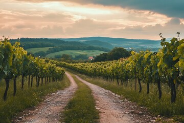 Naklejka premium Dirt road through vineyard with hills and clouds in the background