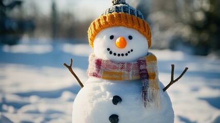 Obraz premium Snowman in a winter scene with a carrot nose, hat, scarf, and stick arms.