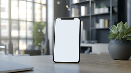 A black smartphone with a blank screen sits on a wooden desk in a modern office setting.