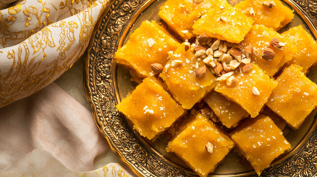 Rich, golden Sohan Halwa, cut into diamond-shaped pieces and garnished with nuts, arranged on a decorative plate