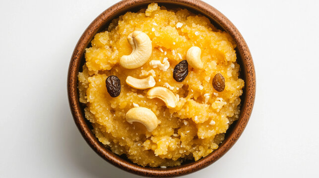 Rich, golden Suji Ka Halwa, garnished with cashews and raisins, served in a traditional bowl