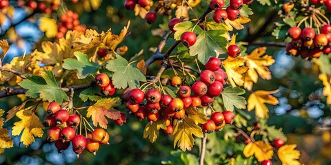 Fototapeta premium Vibrant red berries on a branch amidst autumn foliage.