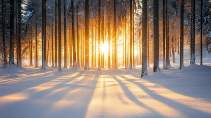 Snowy woods bathed in golden sunlight, framed by the colorful winter sunset in Switzerland