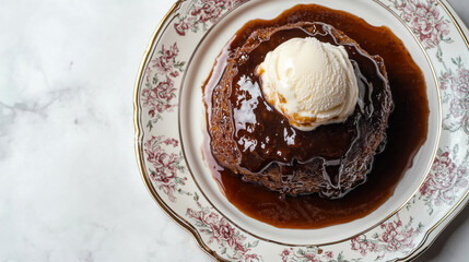 Rich, moist Sticky Toffee Pudding drenched in a glossy toffee sauce, served with a dollop of vanilla ice cream, on a decorative plate