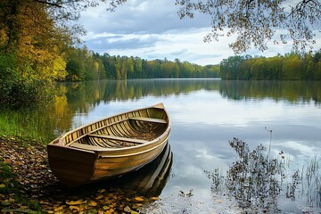 Wooden Rowboat on the shore of a serene lake in autumn, peaceful nature scene