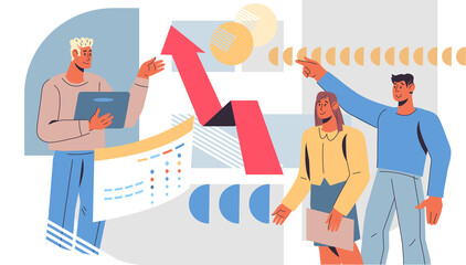 Business idea of analytics or marketing research. Business people launching startup projects and studying financial reports.