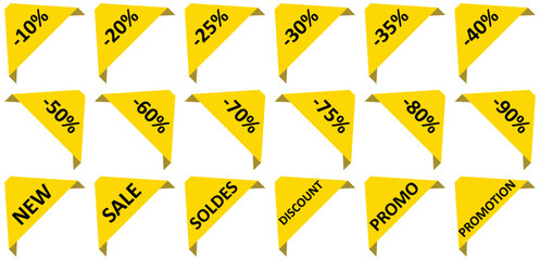 Set of yellow sale quality tags and labels isolated. Shopping stickers and badges. Discount sticker product tag set from 10 to 90 percent off. Special offer, new, sale, discount, Promo.