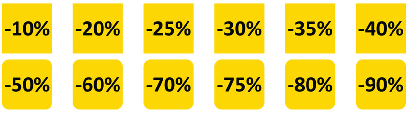 Set of yellow sale quality tags and labels isolated. Shopping stickers and badges. Discount sticker product tag set from 10 to 90 percent off. Special offer, new, sale, discount, Promo.