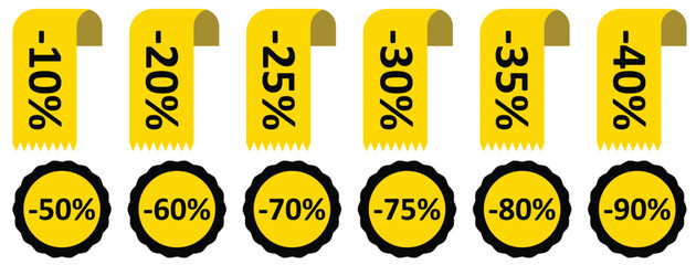 Set of yellow sale quality tags and labels isolated. Shopping stickers and badges. Discount sticker product tag set from 10 to 90 percent off. Special offer, new, sale, discount, Promo.