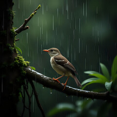 Fototapeta premium A small bird sitting on a branch in the rain. Dark forest in the background - AI generated
