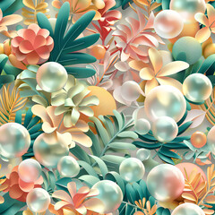 Create a collection of seamless patterns featuring 3D plants and bubbles-2