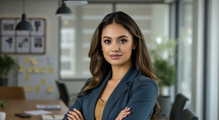 Obraz premium employee recognition, chambray modern attire and blazer, tenured chief financial officer posing, studio light, considered and graceful, banner design portrait