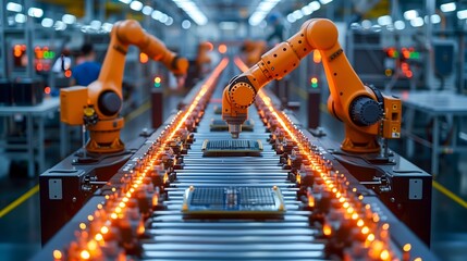 robotic arms on an automatic electronics assembly line