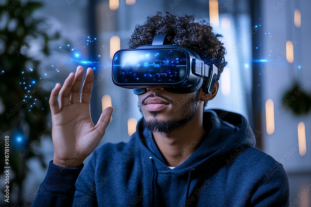 Poster a person using virtual reality (vr) goggles, fully immersed in a digital environment
