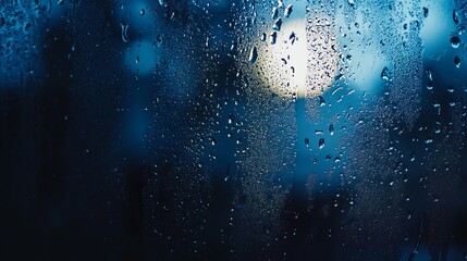 Obraz premium Teardrops of water on a dark glass window, sparkling under light. The wet surface creates an abstract, watery pattern, like scattered blobs of pure blue.