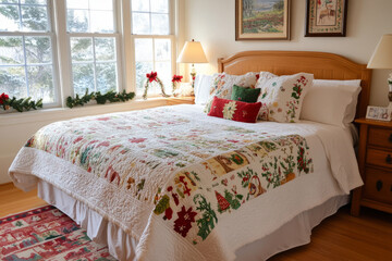 Cozy bedroom with a Christmas themed bedding. Holiday atmosphere
