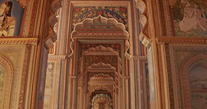 Jaipur, Rajasthan, India. Patrika Gate At Jawahar Circle. Interior Inside, Corridor Hall. Many Colorful Ornament Patterns On Old Walls. Old Pink City. Celling In Ornament. Hand-painted Walls And