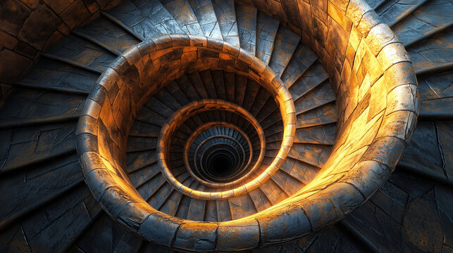 A mesmerizing spiral staircase winding elegantly with warm light illuminating each step