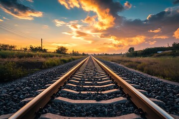 Fototapeta premium Train Tracks Leading to Sunset, Freedom, Travel and Adventure Concept