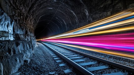 Obraz premium A vibrant light trail from a train emerges from a dark tunnel, highlighting the railway tracks.