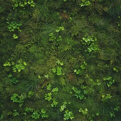 Lush green moss and leafy foliage in a forest setting.