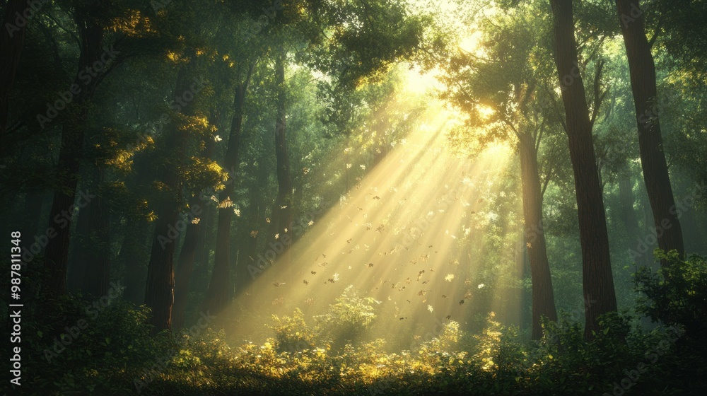 Wall mural Sunbeams Illuminating a Misty Forest with Falling Leaves