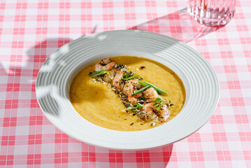 pumpkin soup with shrimp and pumpkin seeds