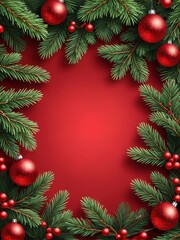 A festive border of pine branches and red ornaments on a red background for holiday designs.