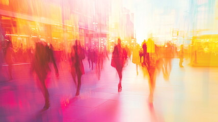 Fototapeta premium Blurred abstract city scene with vibrant neon colors, silhouettes in motion, city life