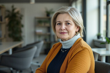 smart casual wear cardigan and sweater, hopefulness and trust, older procurement officer who is happy, lounge chair, collaboration table, dramatic light, aged person portrait