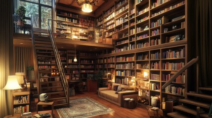 Cozy Library with Bookshelves, Wooden Staircase, and a Comfortable Couch