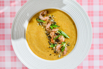 pumpkin soup with shrimp and pumpkin seeds