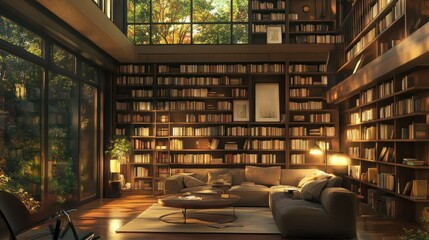 Cozy Living Room with Floor-to-Ceiling Bookshelves and a View of Greenery