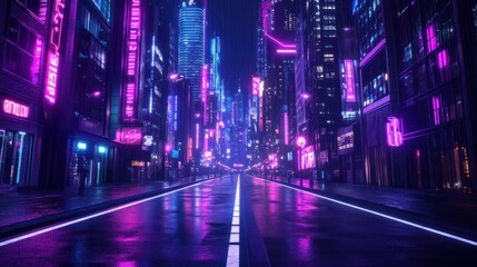 Fototapeta premium A vibrant, futuristic cityscape illuminated by neon lights reflecting on a wet street.
