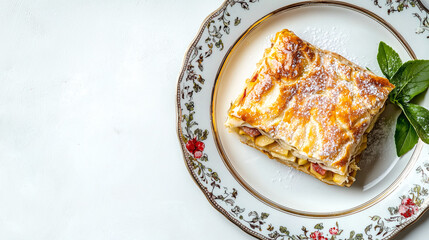 Traditional SavijaÄa, a Croatian strudel with a golden, flaky pastry and a rich, spiced apple filling, served on a decorative plate