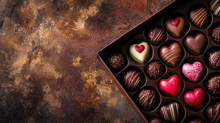 Valentine Day chocolate candies in heart shapes arranged in a decorative box
