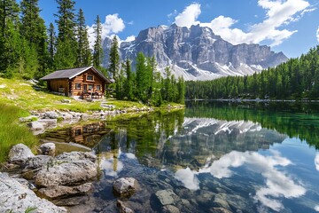 Fototapeta premium Wooden cabin by a mountain lake with forest and mountain view, perfect for a summer vacation