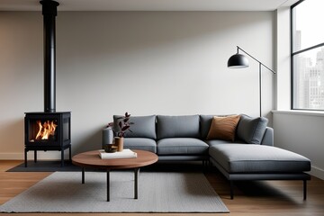Grey Sectional Sofa by Wood-Burning Stove in a Minimalist Urban Lounge Decor