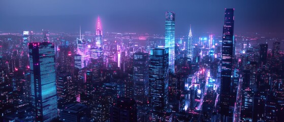 Obraz premium A vibrant city skyline illuminated by neon lights at night.