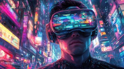 A futuristic scene featuring a person wearing VR goggles amidst vibrant neon city lights.