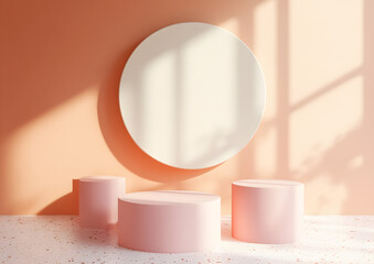Portrait layout of light pink wall 3D render style image pink marble podium
