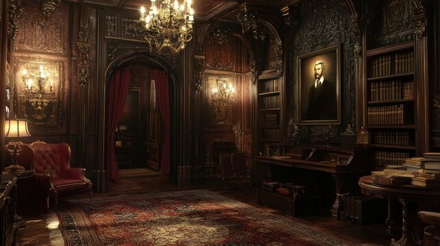 A dimly lit, richly furnished library with a portrait and bookshelves.