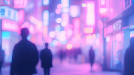 Minimalist Tokyo night scene with blurred silhouettes and vibrant neon pink and blue lights