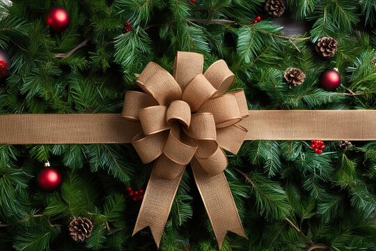 Bronze Burlap Ribbon Dark Green Bow Vinery Background Festive Decoration Ideas