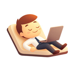 Relaxed man working on laptop, joyful expression, comfortable couch. transparent background