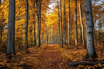 Obraz premium Pathway through golden autumn forest with tall trees and sunlight filtering through branches