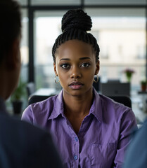 Fototapeta premium button-up shirt and simple attire, talking with colleague, new communications officer who is serious, studio lighting, purple dark blue, smart person portrait