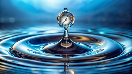 Clock embedded in a water droplet creating ripples on the surface with a captivating blue backdrop