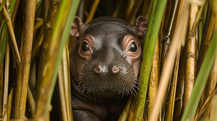Fototapeta premium Curious Baby Pygmy Hippo Exploring Among Reeds with Playful Eyes